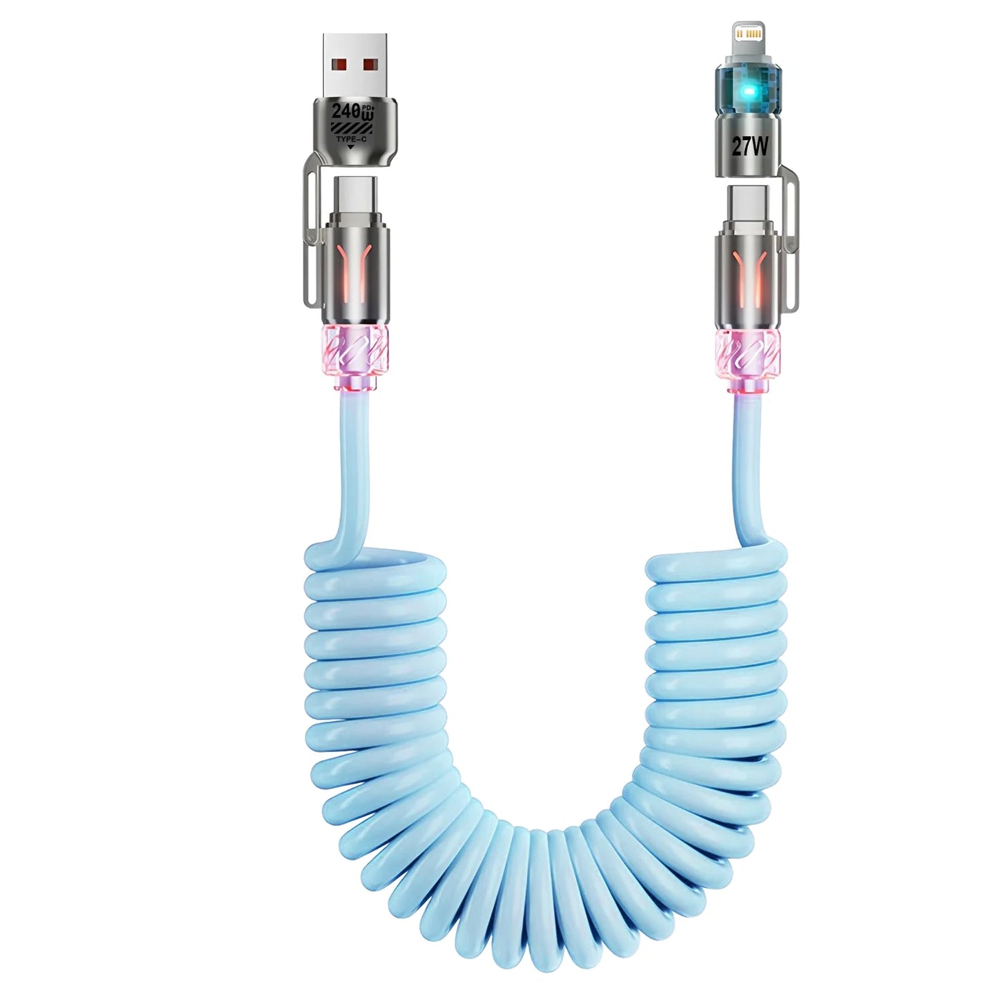 4 in 1 2m240W Spring Short Data Cable 6A USB Type C Spring Telescopic Quick Charger Wire Spring USB Cable for iPhone 15 14 13 12