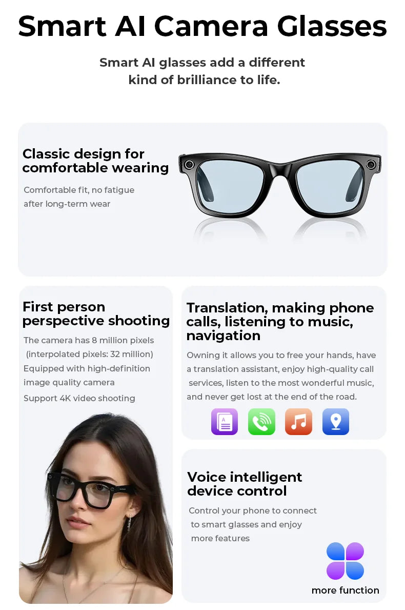 Multifunctional Smart AI Camera Glasses | 4K Recording & Translation