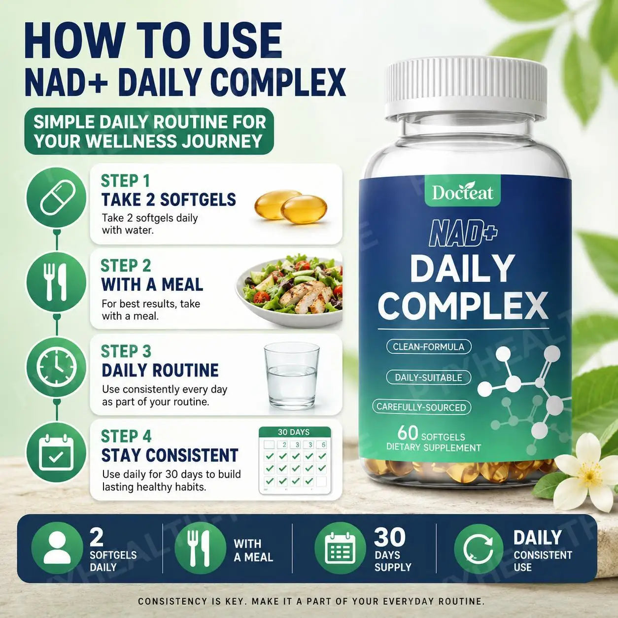 NAD+ and NAC Daily Complex Softgels | Antioxidant Energy Support