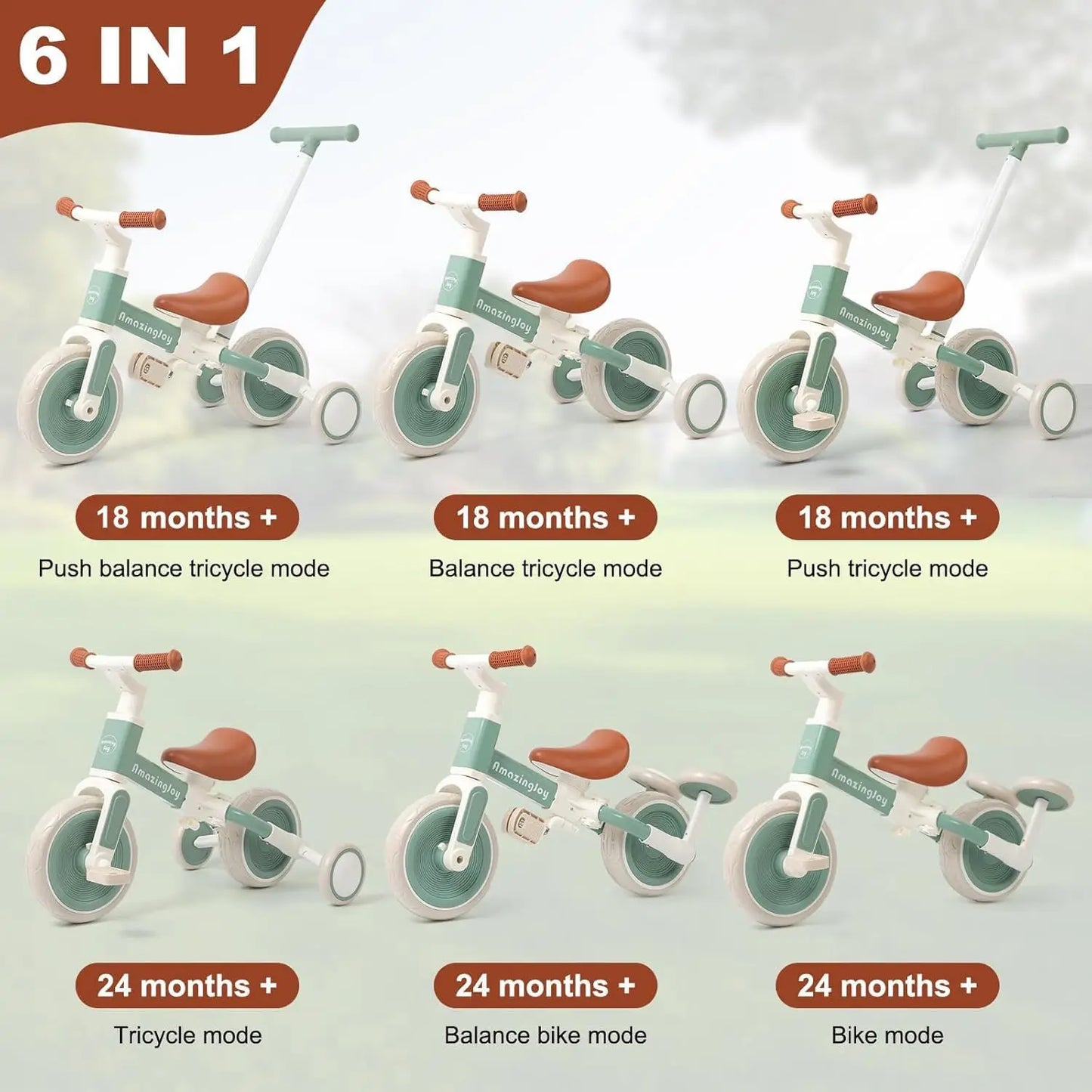 6-in-1 Toddler Tricycle with Adjustable Seat and Training Wheels