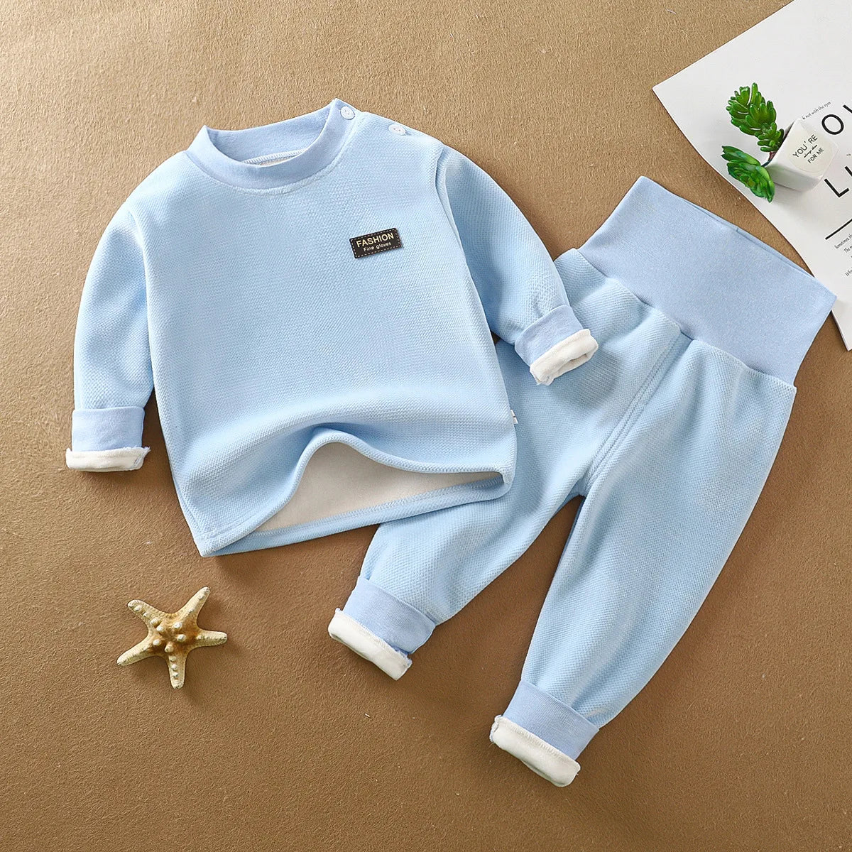 Unisex Kid's Fleece-Lined High Neck Top & Pants Set for Daily Wear