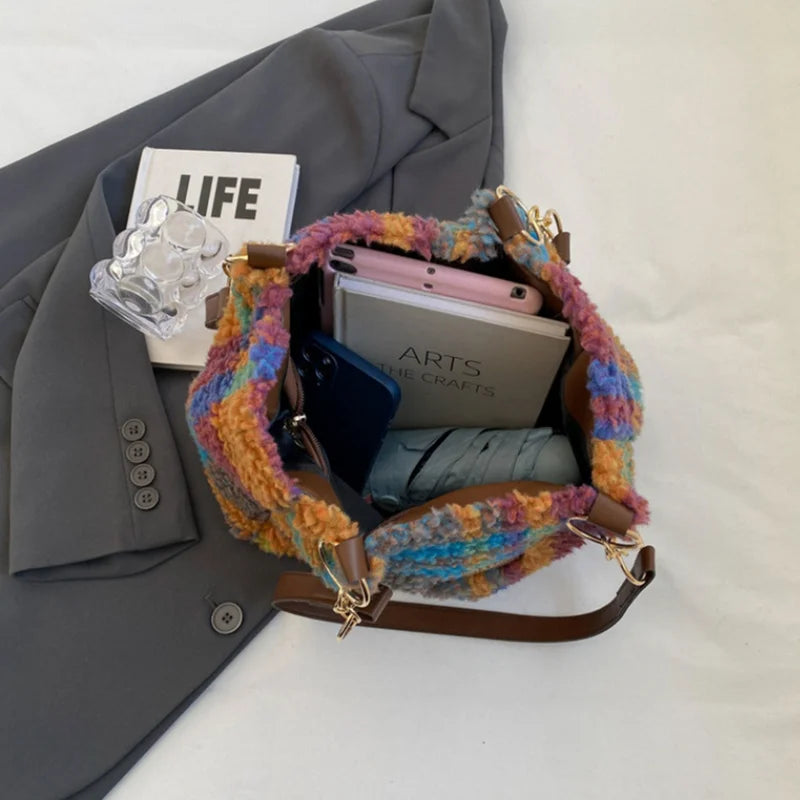 Red Plaid Lambswool Shoulder Bag | Large Capacity Tote for Women