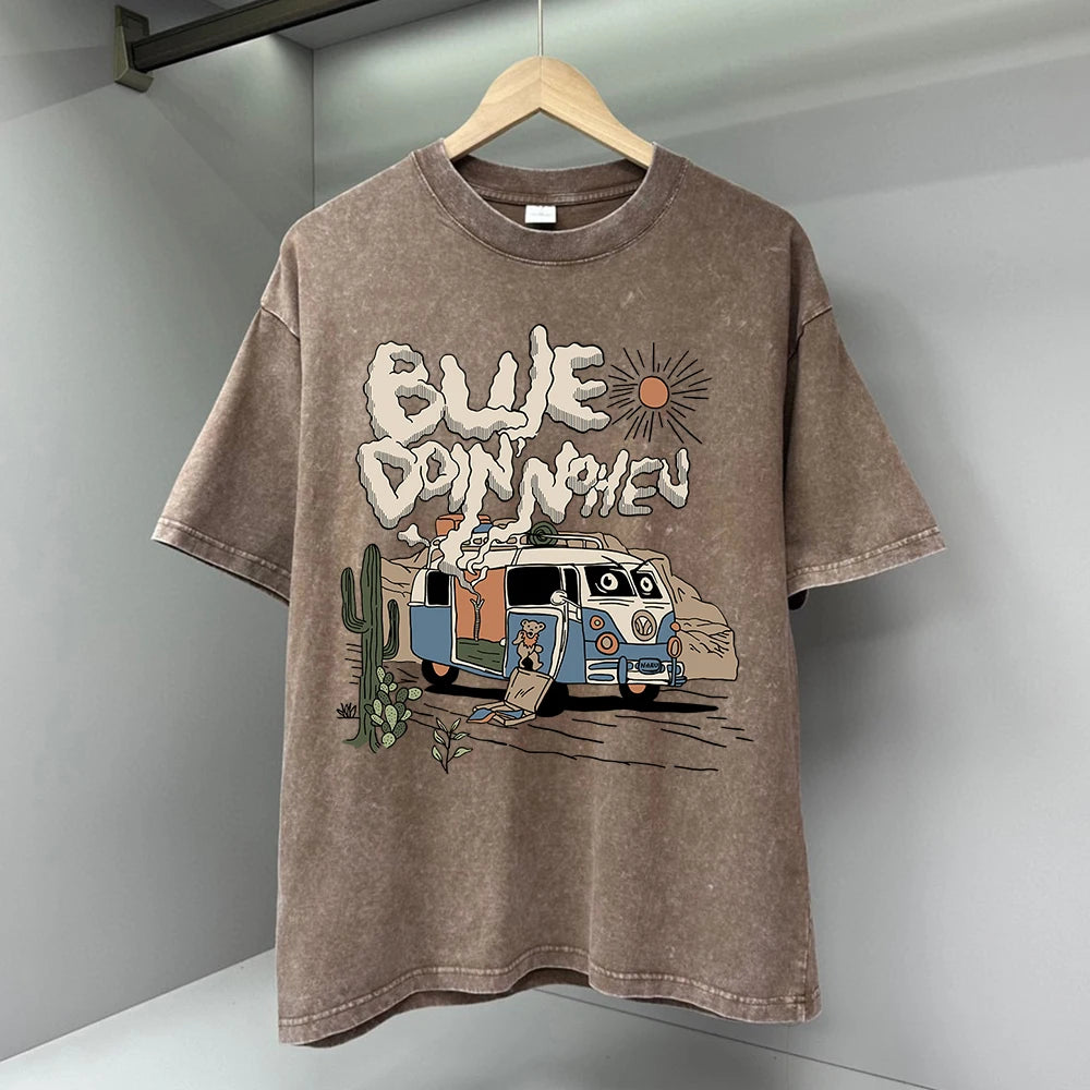 Oversized Cotton Camping T-Shirt for Men | Retro Cartoon Hip Hop Style