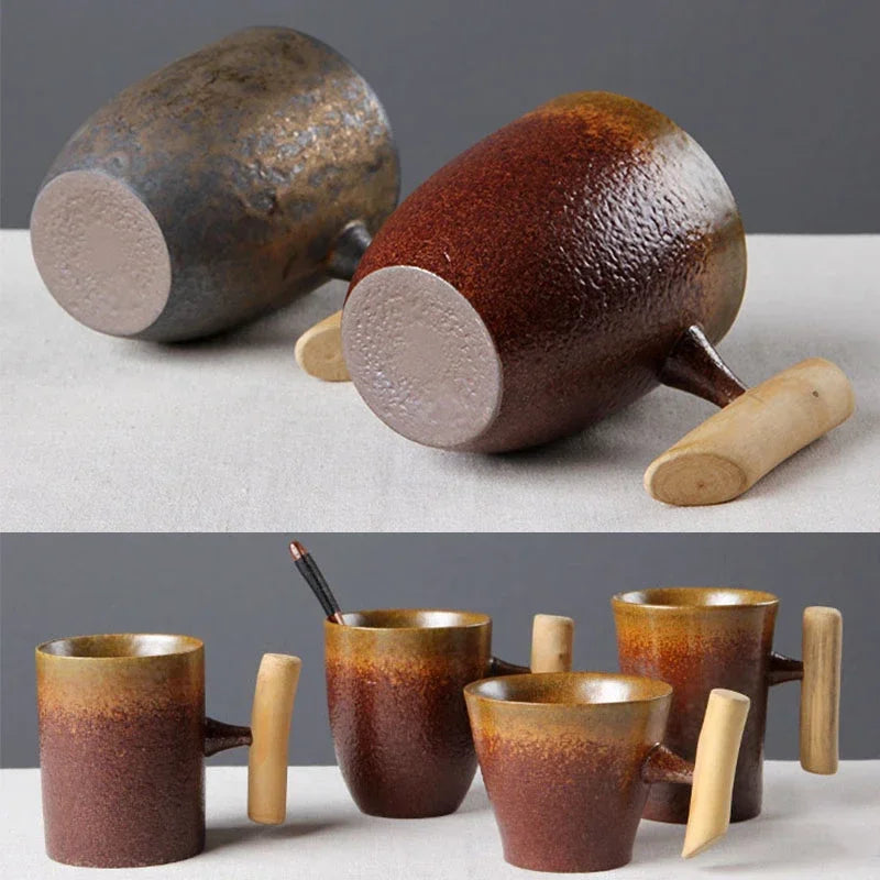 Vintage Ceramic Tea Cup Set with Wooden Handle | Elegant Drinkware