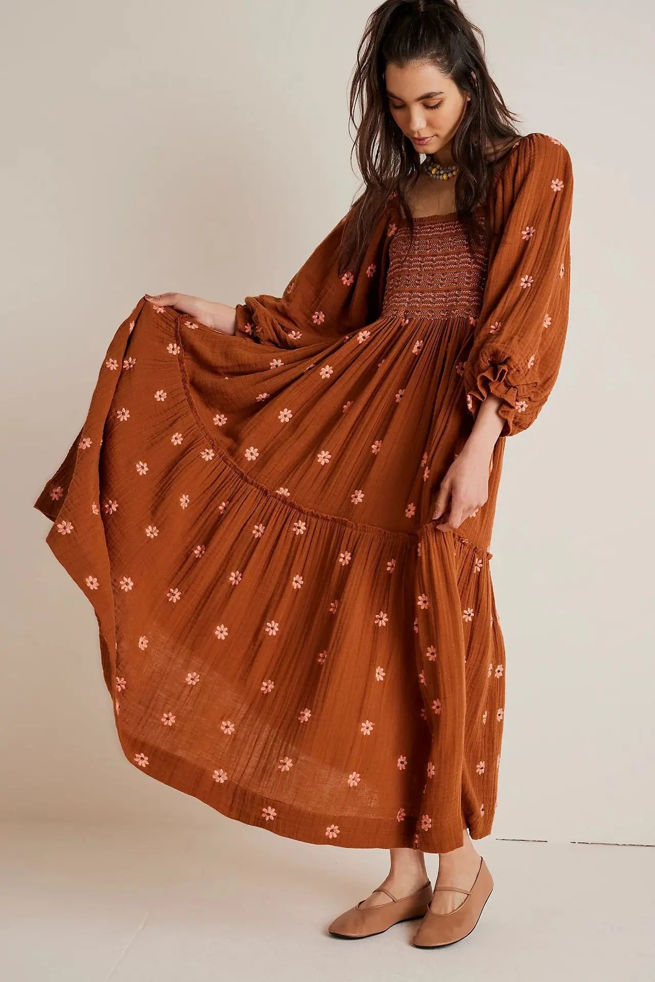 Boho Floral Embroidery Maxi Dress for Women | Casual Fashion