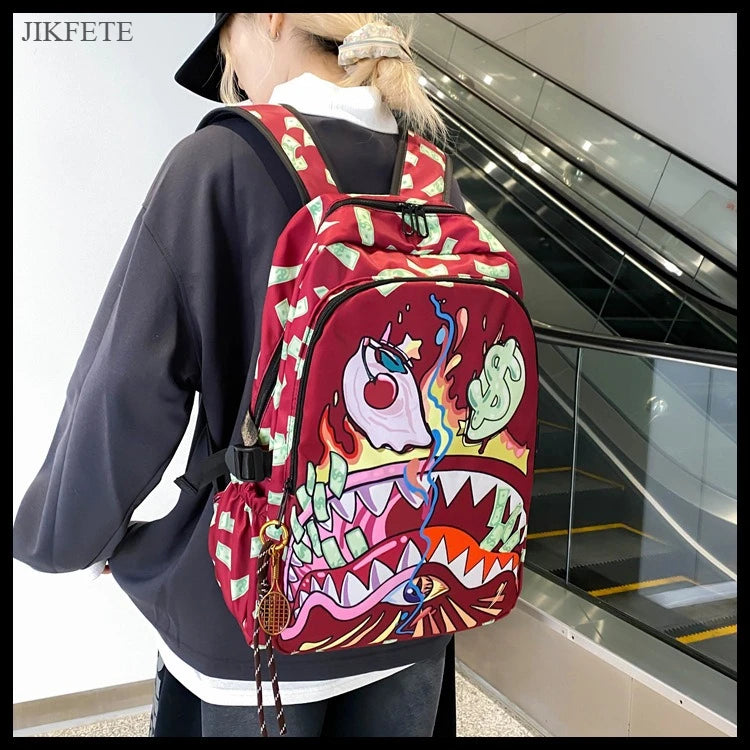 Stylish Shark Mouth Print Backpack | Versatile School & Travel Bag