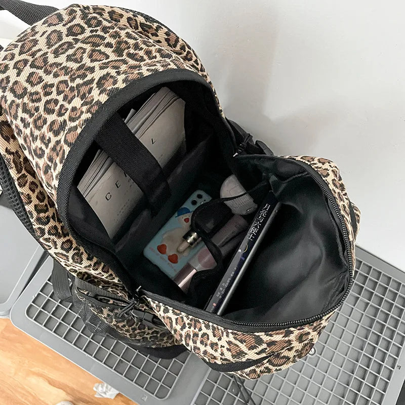 Vintage Leopard Print Backpack, Large Capacity School Bookbag with Side Mesh Pouch, for Students Travel Outdoor Streetwear
