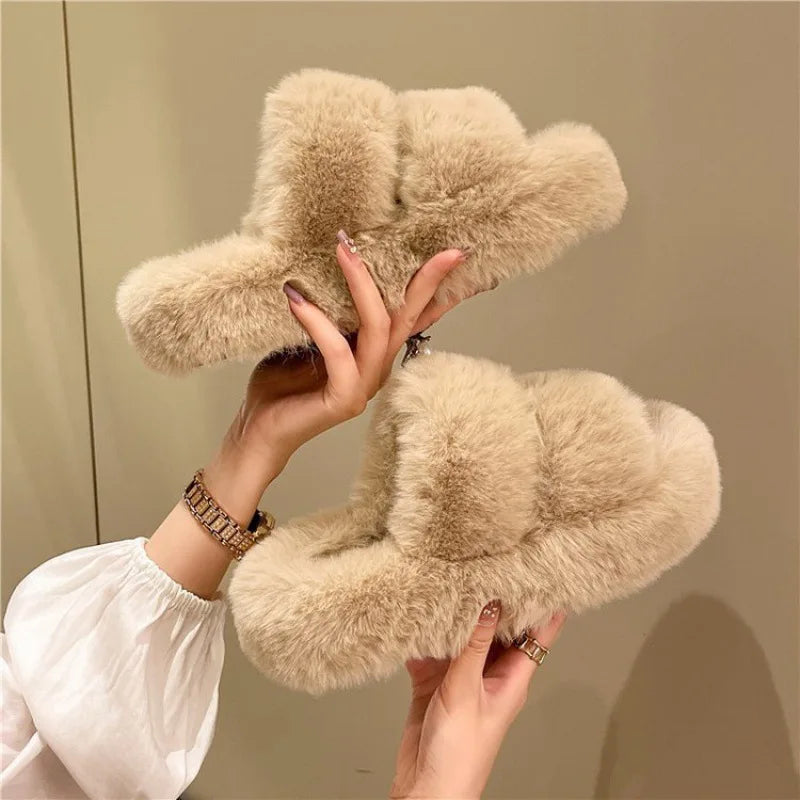 Cozy Plush Fluffy Platform Fur Slippers for Women | Anti-Slip Warmth