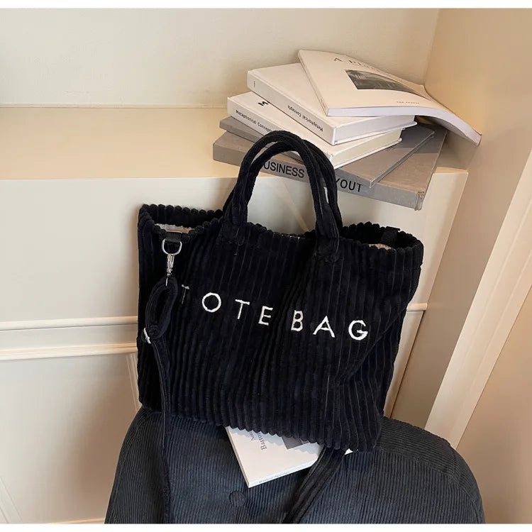 Bolso de mano de terciopelo a rayas de gran capacidad | Bolso tote elegante y versátil