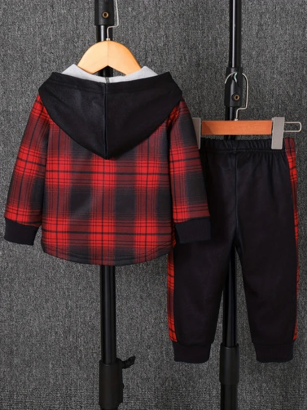 Toddler Plaid Print Hooded Fleece Outfit | Cute Casual Set