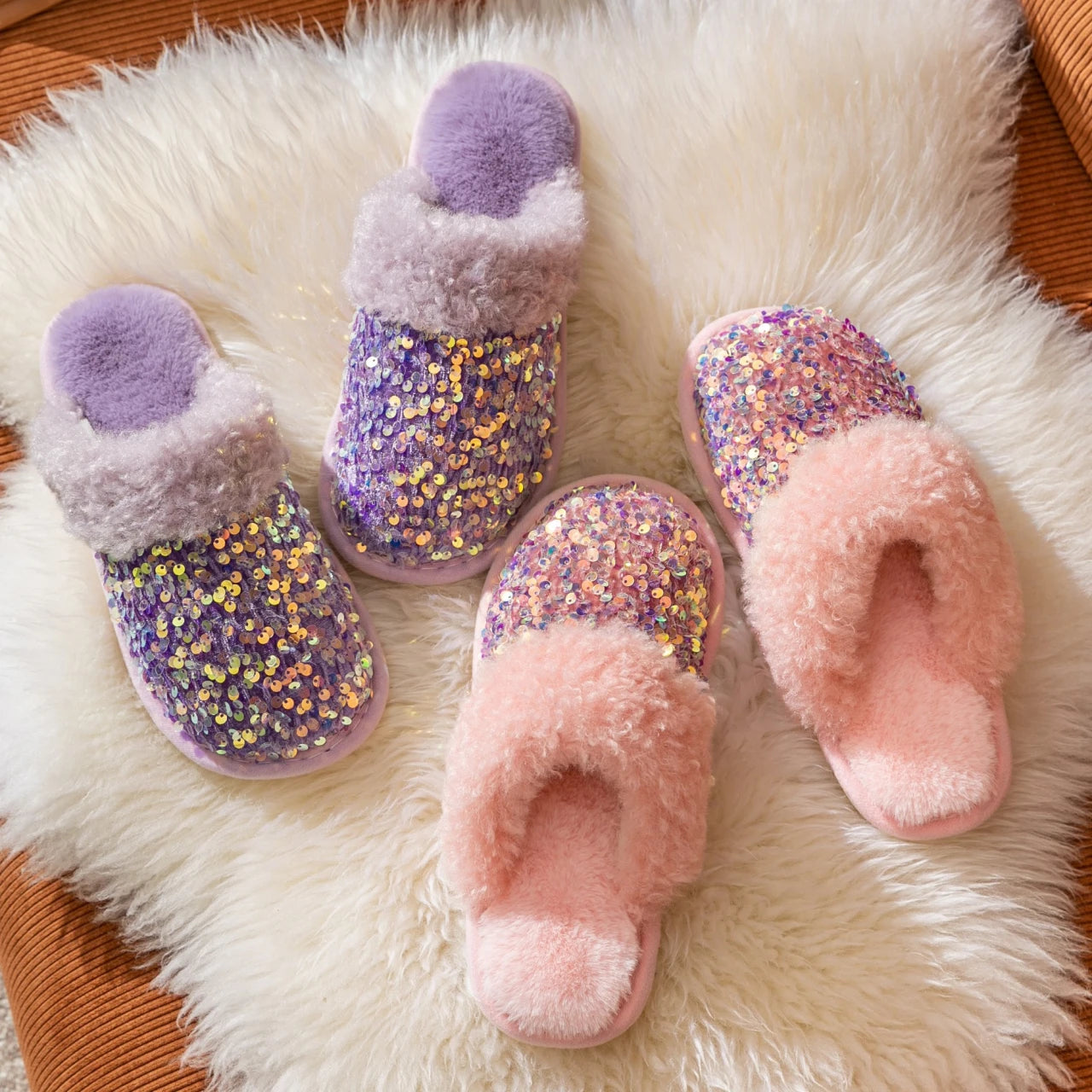 Kawaii Sequin Giraffe Plush Slippers | Cute Winter House Shoes