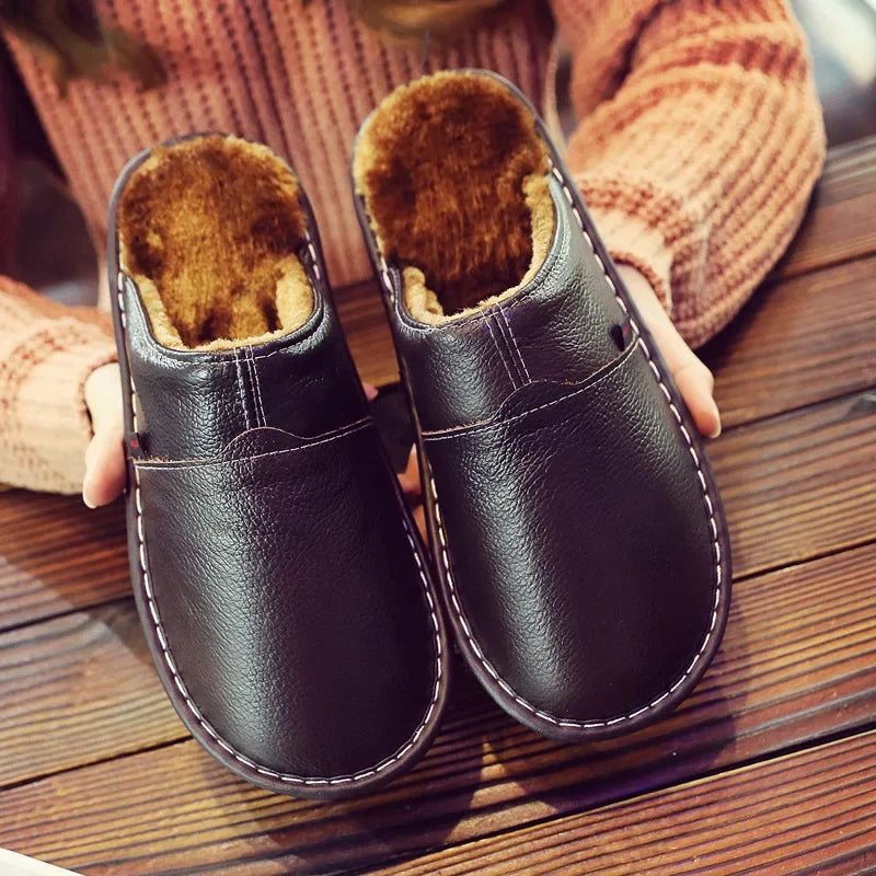 Couples Leather Plush Winter Slippers | Cozy Waterproof Shoes