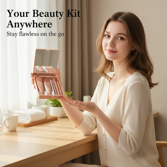 Set de brochas de maquillaje portátil con espejo | Kit de belleza de viaje