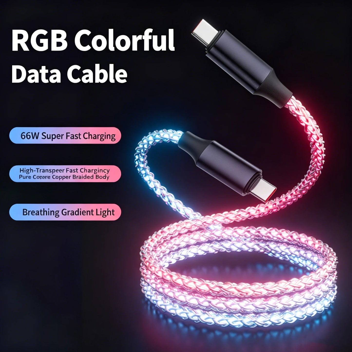 66W RGB LED Type-C Charging Cable | Fast Data Sync & Charge