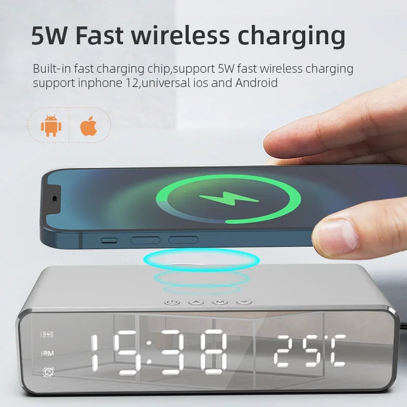 5W Wireless Charger Alarm Clock — Multifunction LED Digital Clock with Thermometer, Time Display & Fast Charging Dock for iPhone, Samsung & Qi-Compatible Phones