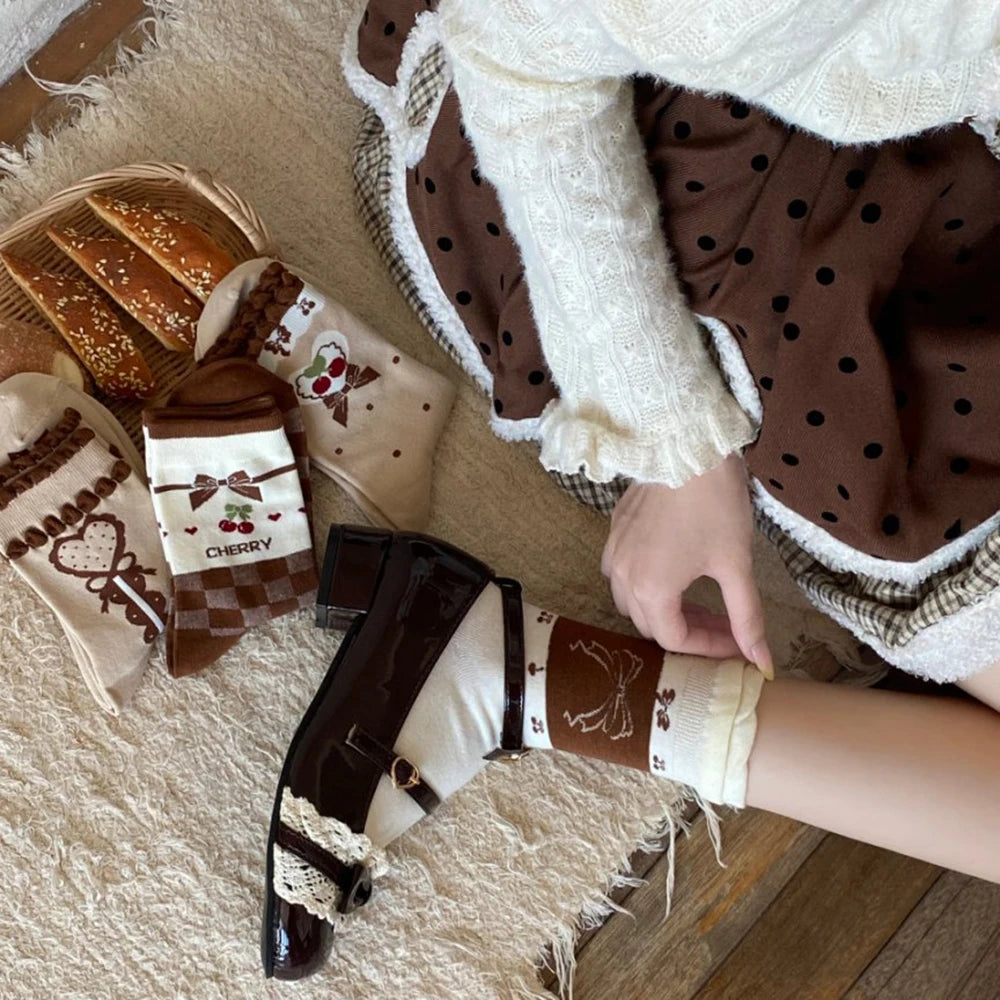 Cute Women's Mid-Calf Socks | Charming Cherry Bow Design