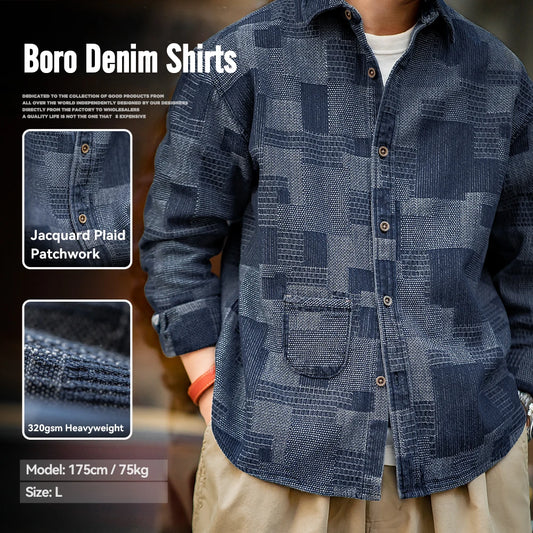 Camisa vaquera patchwork retro para hombre | Elegante camiseta de manga larga