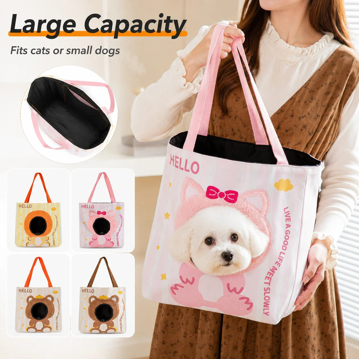 Portable Small Pet Carrier | Large Capacity Cartoon Canvas Bag