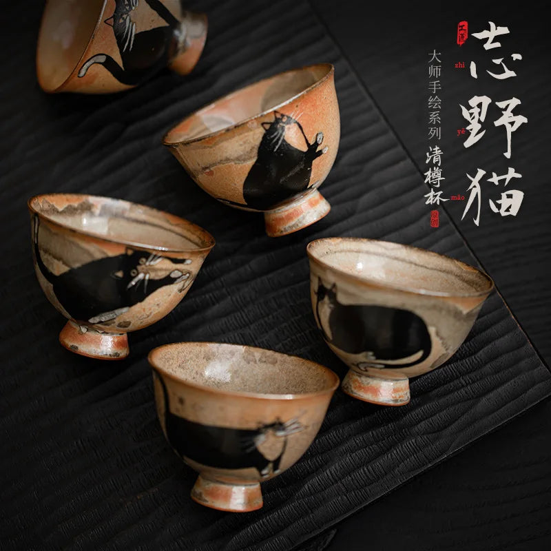 Cute Black Cat Teacup | Elegant Ceramic Tea and Sake Cups Set