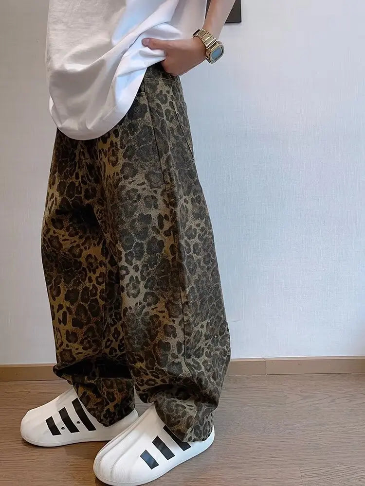 Men's Oversized Leopard Print Denim Jeans | Trendy Streetwear Style