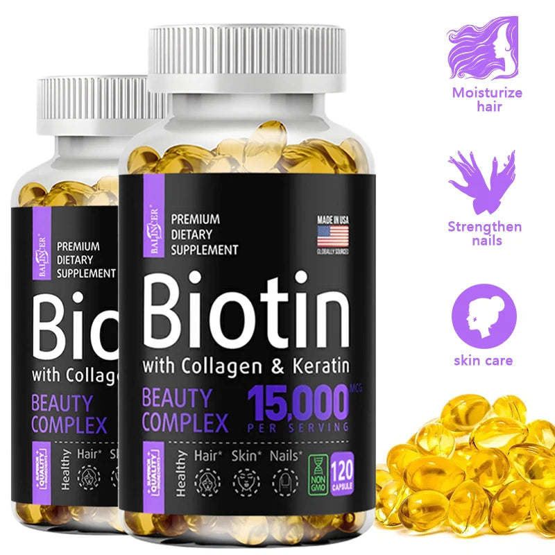 Biotin Capsules with Collagen & Keratin for Shiny Hair, Skin, Nails
