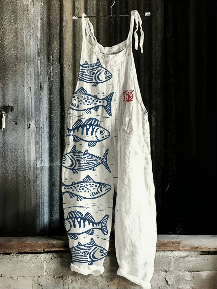 Stylish Women's Fish Print Suspender Jumpsuit for Summer Fun
