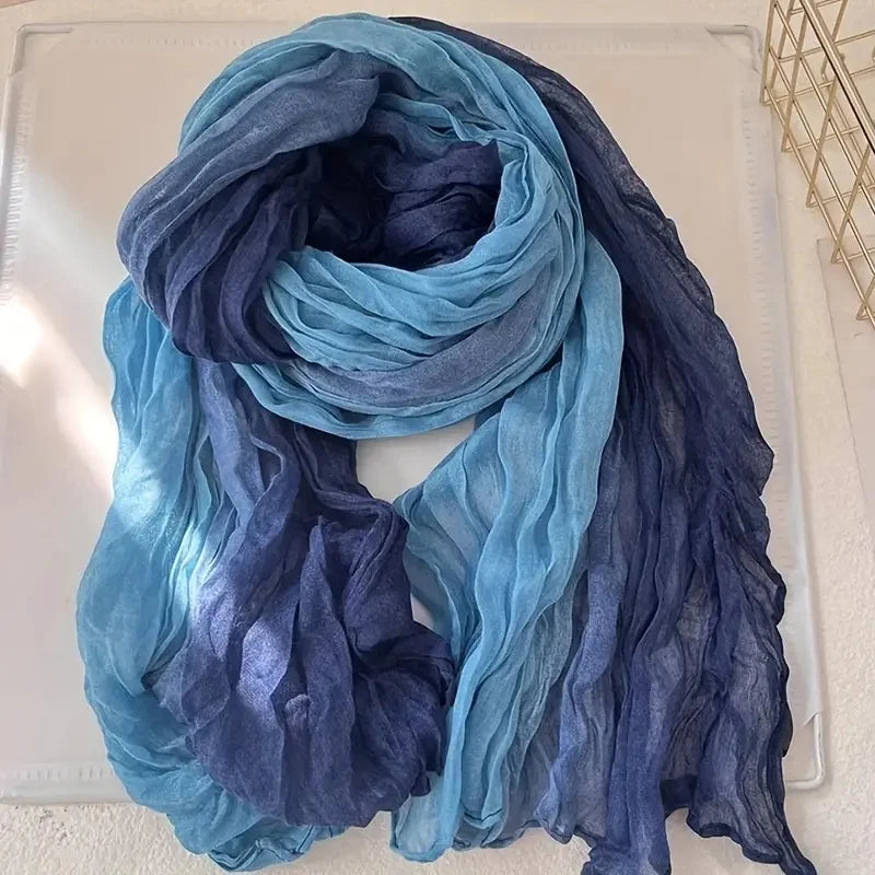 Women's Bohemian Gradient Blue Scarf | Lightweight Ruffled Shawl