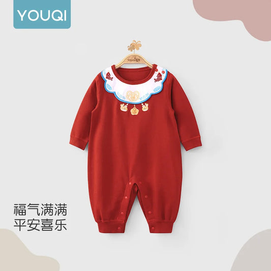 【Youqi】Chinese Baby Autumn Romper Pure Cotton Hundred-Day Outfit One-Year-Old Infant Princess Newborn Jumpsuit Crawling Suit