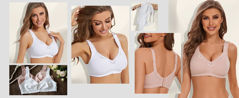 Women's Plus Size Floral Lace Wire-Free Cotton Bra for Comfort