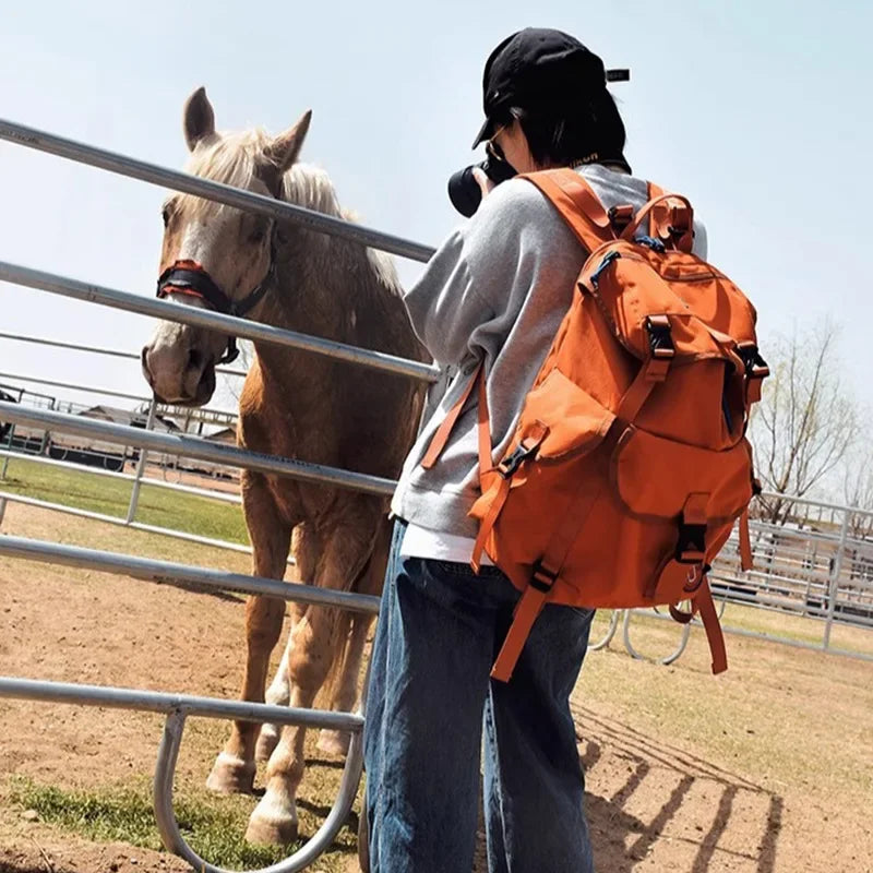 Unisex Casual Orange Nylon Waterproof Backpack | Large Capacity