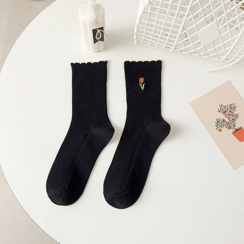 Women's Autumn Floral Embroidery Crew Socks | Cute Kawaii Style