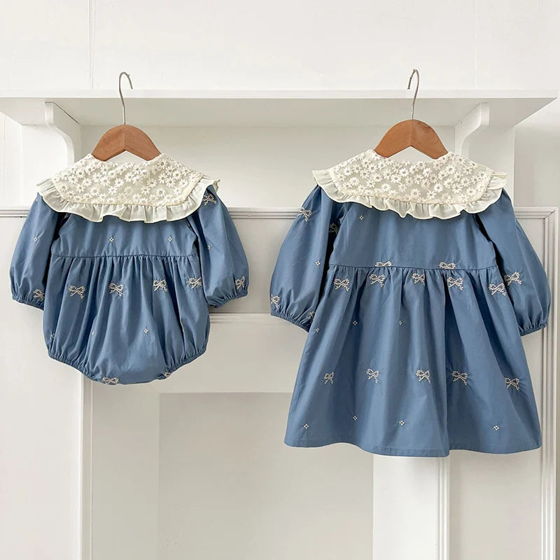 Cute Baby Girls Bow Lace Embroidery Bodysuit & Dress Set