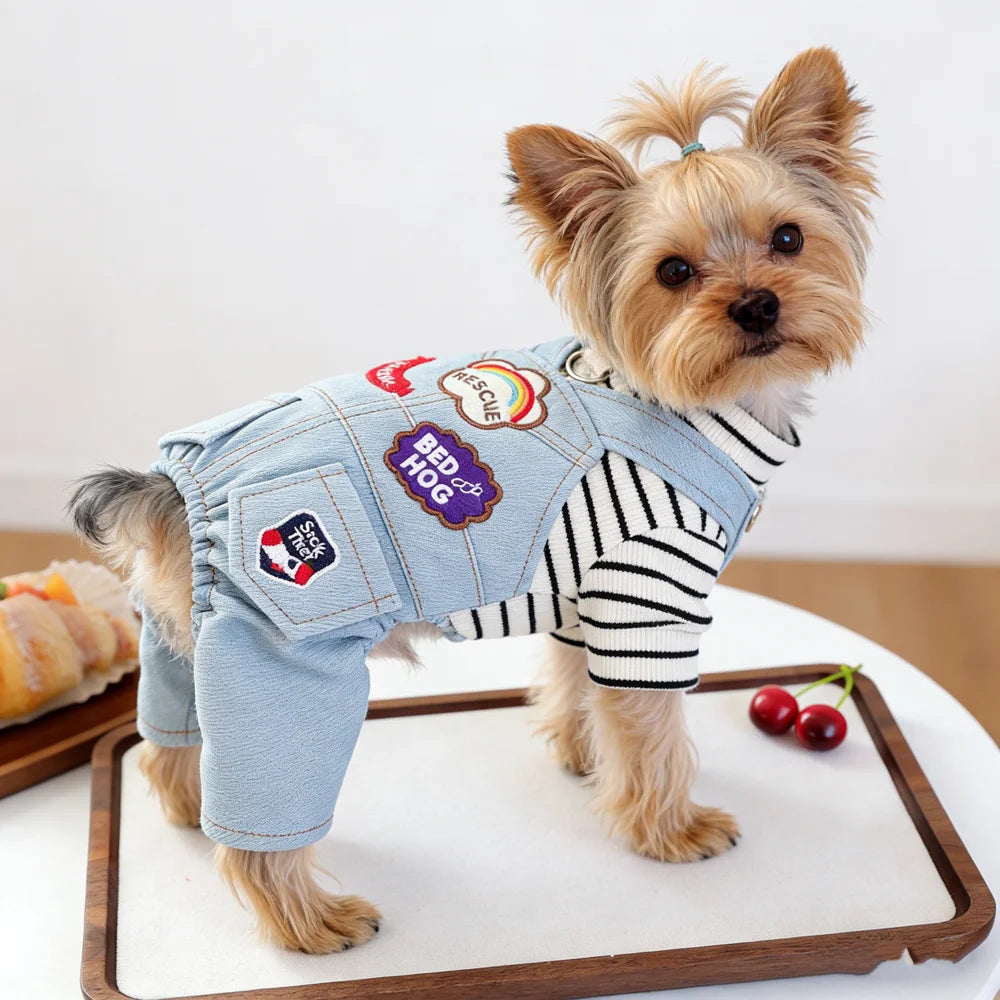 Small Dog Denim Overalls | Fun Patches Puppy Jumpsuit