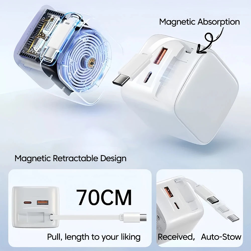 USB Type C Phone Charger with Retractable Cable for Fast Charging