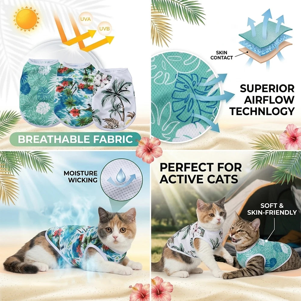 3PCS Pet Cat Vest Set Summer Breathable Mesh Sphynx Cats Clothes Shirt Lightweight Soft Puppy Kitten Outfits for Indoor Outdoor
