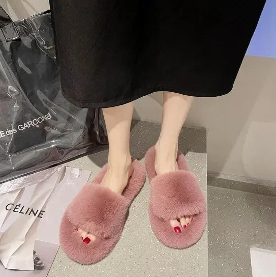 Cozy Double Fur Cross-Strap Plush Slippers | Warm Indoor Footwear