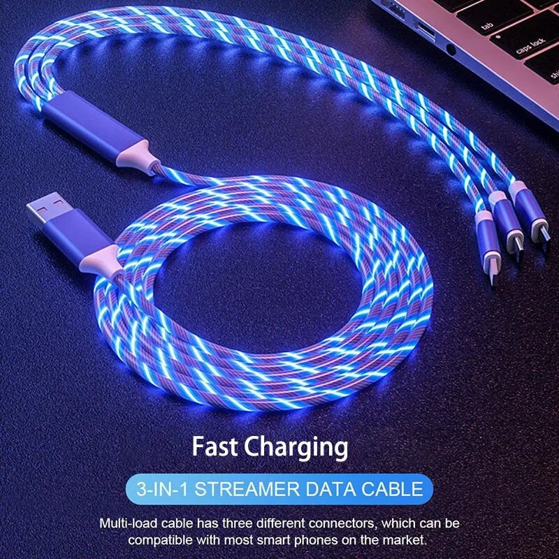 Light Emitting Cable, Mobile Phone Charging Cable, Fast Charging Data Cable, Light Emitting, Suitable for iPhone Micro USB Type C Charger Cable, Three in One LED Fast Charging Cable