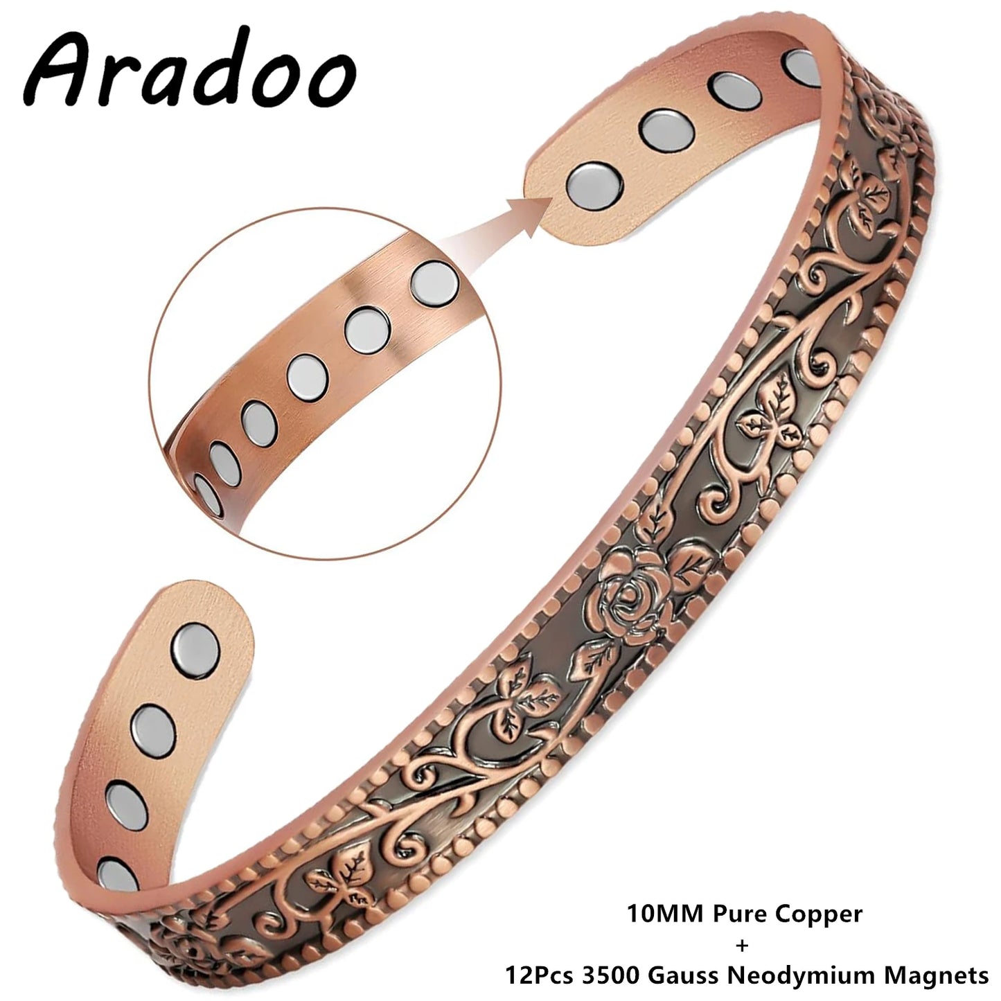 Vintage Floral Pure Copper Cuff Bracelet | Magnetic Therapy Bangle