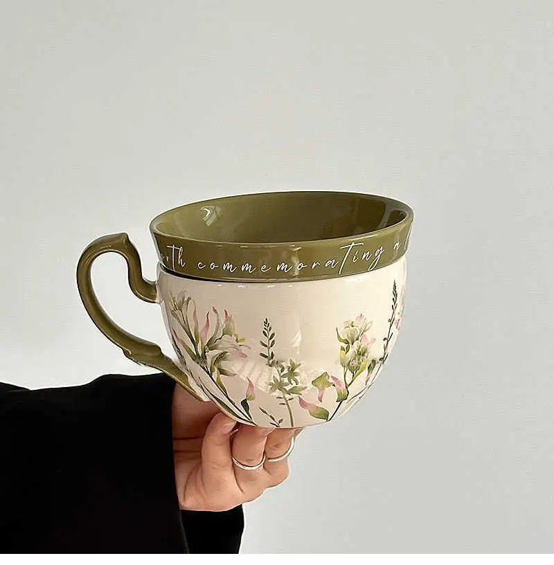 Large Capacity Ceramic Breakfast Cup with Lid | Rustic Coffee Mug Set