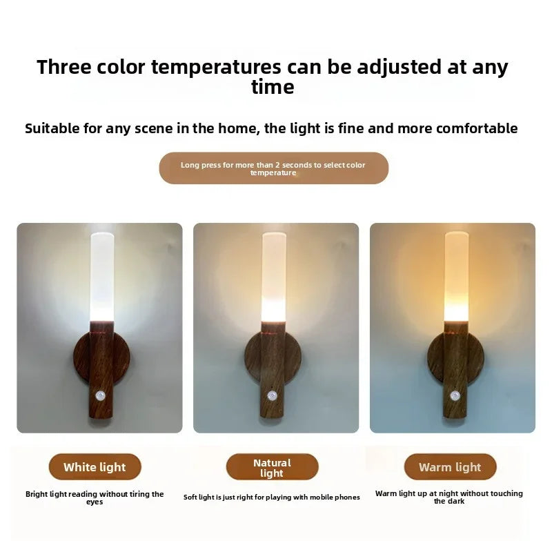 Luz nocturna LED recargable con sensor de movimiento | Elegante diseño de vetas de madera