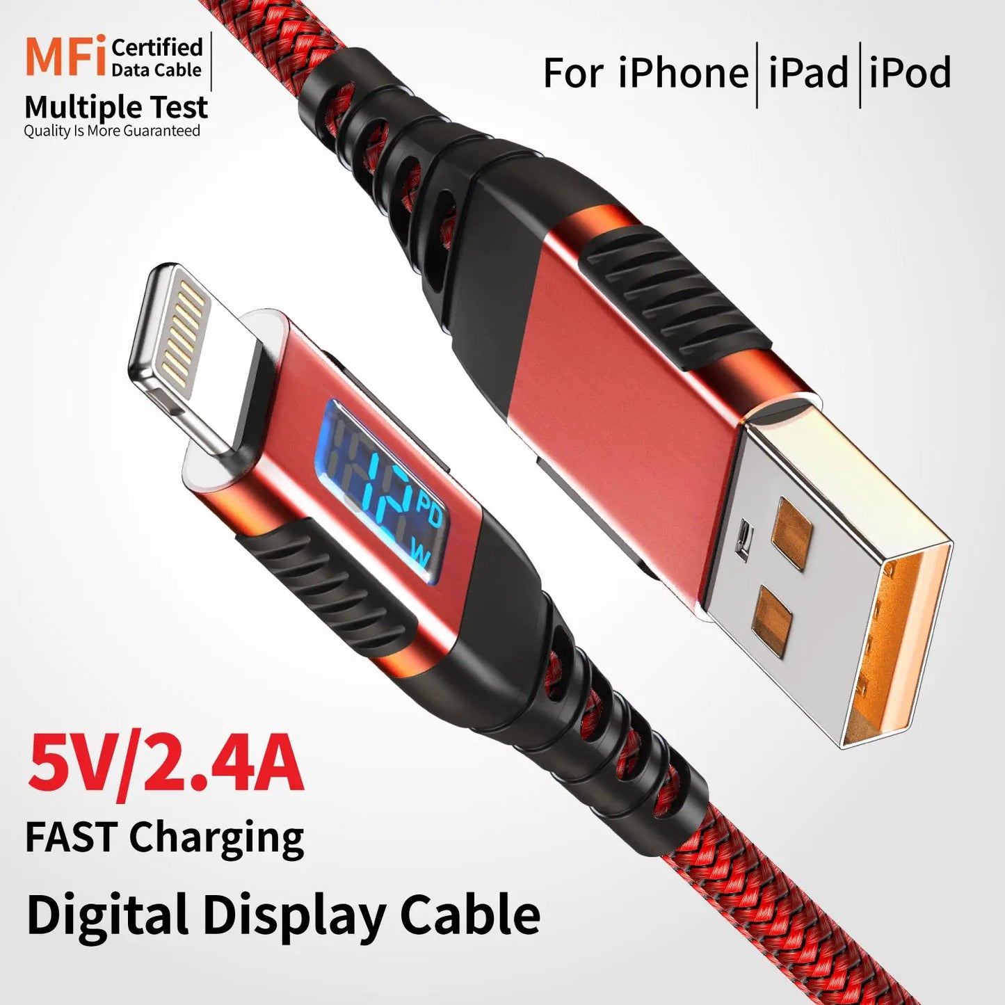 MFi-Certified USB-A to Lightning Fast Charging Cable with LED Display, 12W Fast Charge for iPhone 8-14 & iPad