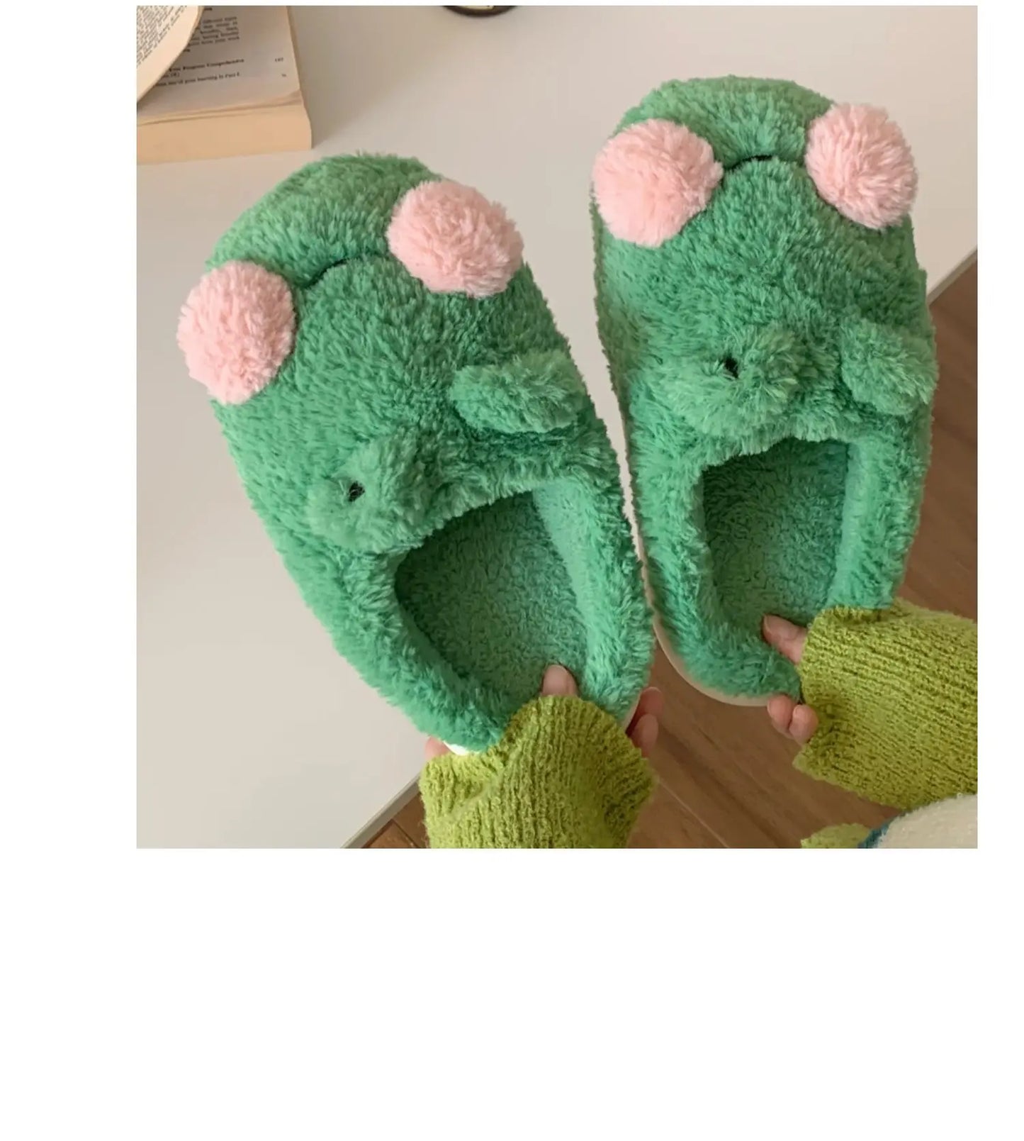 Women's Cute Green Frog Plush Slippers | Cozy Faux Fur House Shoes