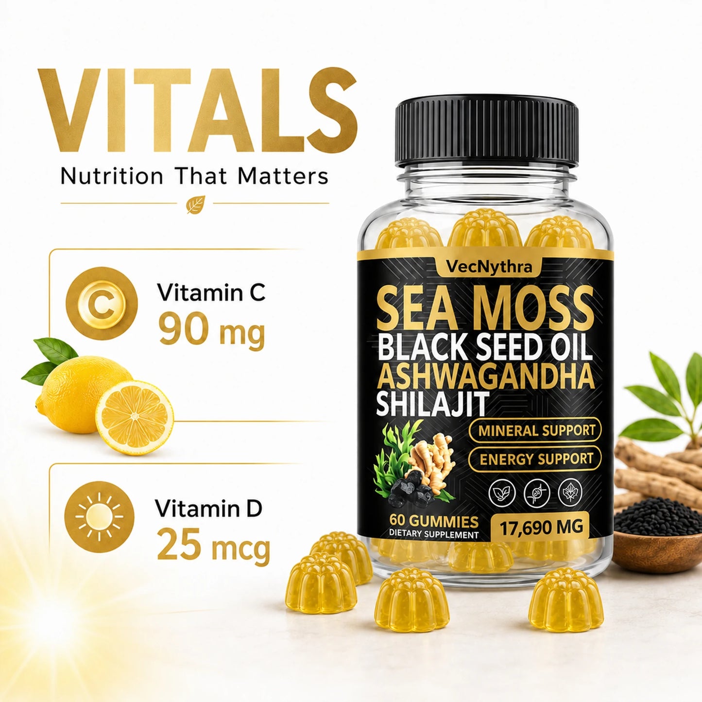 Powerful 60pcs Sea Moss & Shilajit Gummies | Boost Immunity & Energy