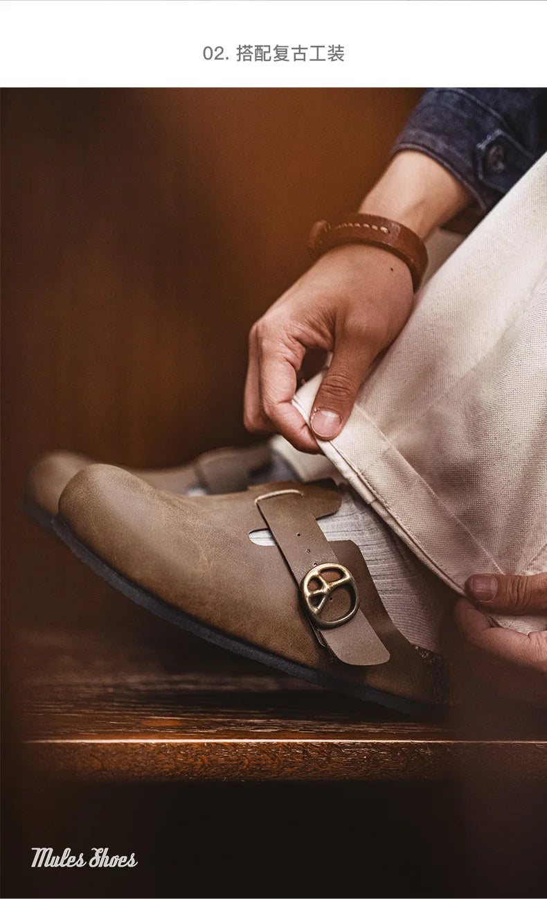 Men's Vintage Brown Leather Mules | Comfortable Slide-On Slippers