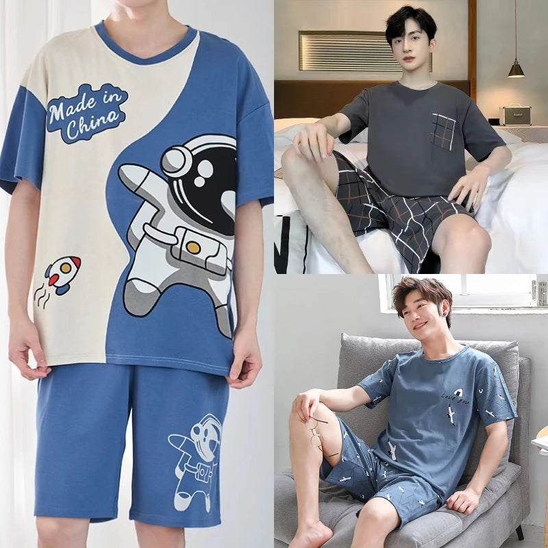 Men's Grey Plaid Short-Sleeved Pajamas | Comfortable Casual Sleepwear