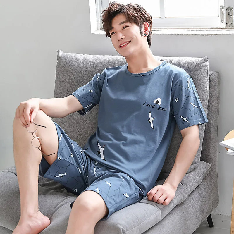 Men's Grey Plaid Short-Sleeved Pajamas | Comfortable Casual Sleepwear