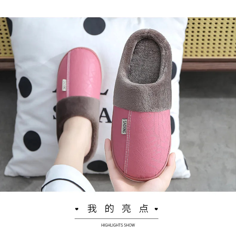 Men's Warm PU Leather Plush Slippers | Cozy Waterproof House Shoes