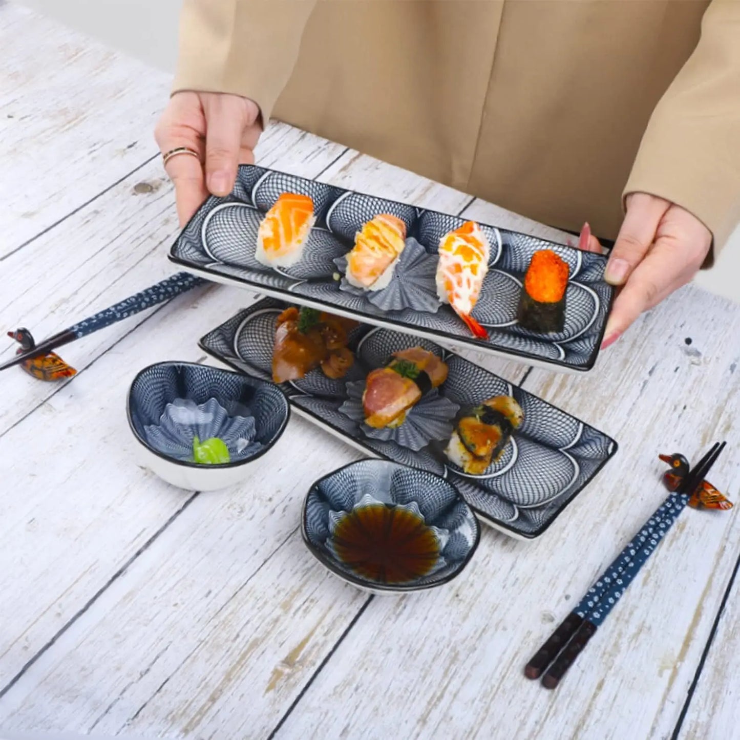 Japanese Style Ceramic Sushi Plate Dinnerware Set - 10 Pcs