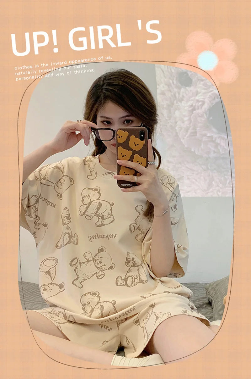 Plus Size Short Sleeve Pajamas for Women | Cute Cartoon Bear Design