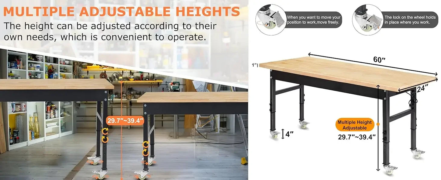 60 Inch Adjustable Workbench | Heavy Duty Work Table with Outlet